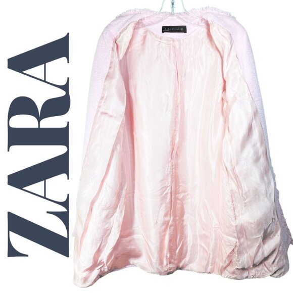 ZARA  Blush Pink Tweed Frayed Edge Longline Open Front Jacket Coat, Size Small - Picture 8 of 13